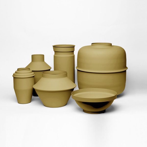 metal vessel vase khaki color kadim modern archeology