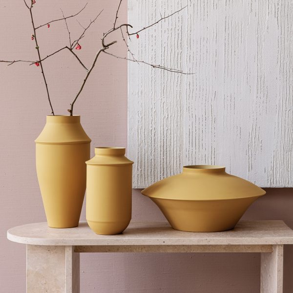 set triptych XL vases colorfull metal yellow mustard saffron mitzri yevani yapani