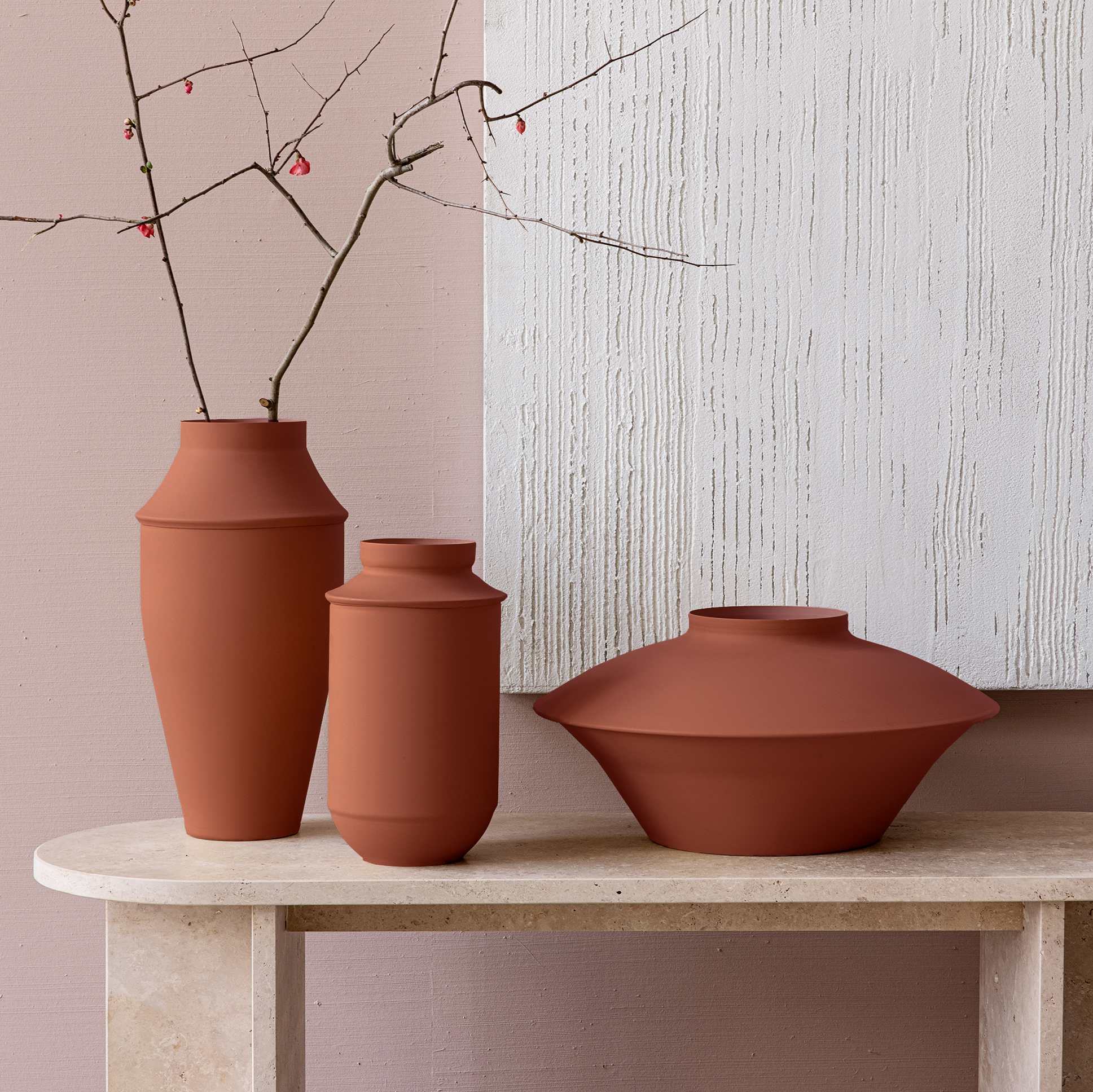 set triptych XL vases colorfull metal terracotta mitzri yevani yapani
