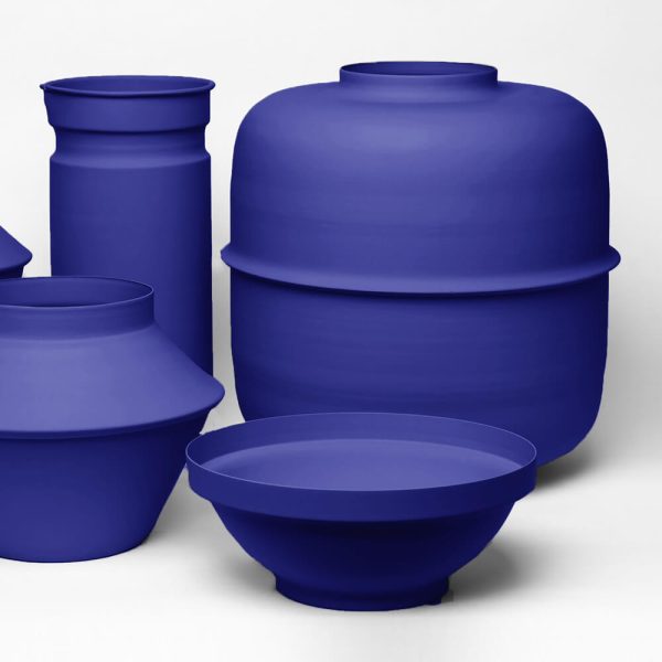 metal vessel vase royal blue color kadim modern archeology