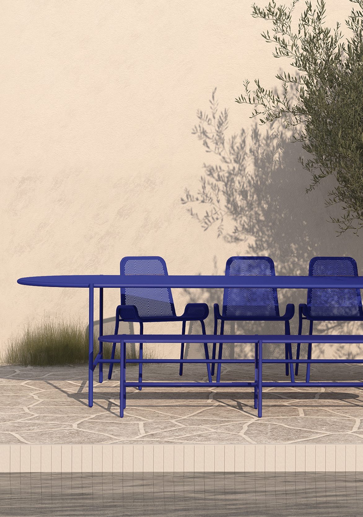 outdoor furninture chair bench table metal royal blue OI outsidein