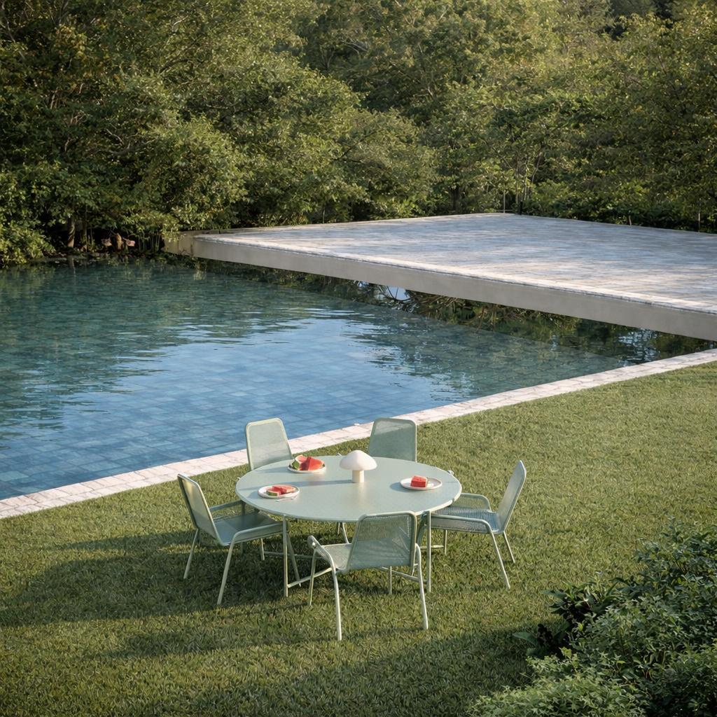 potscard of good memories table for 5 outdoor furniture made in metal sage green studio fe