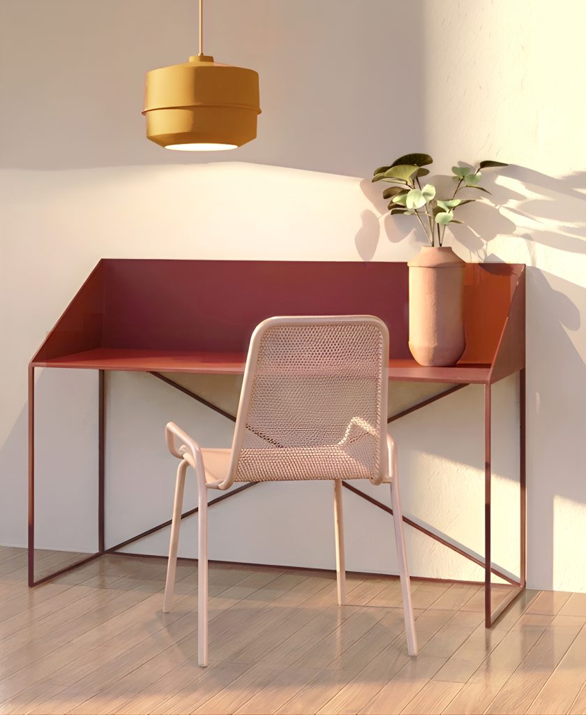 metal desk secretaire bordeaux pink nude metal chair ginger metal pendant light metal vase terracotta